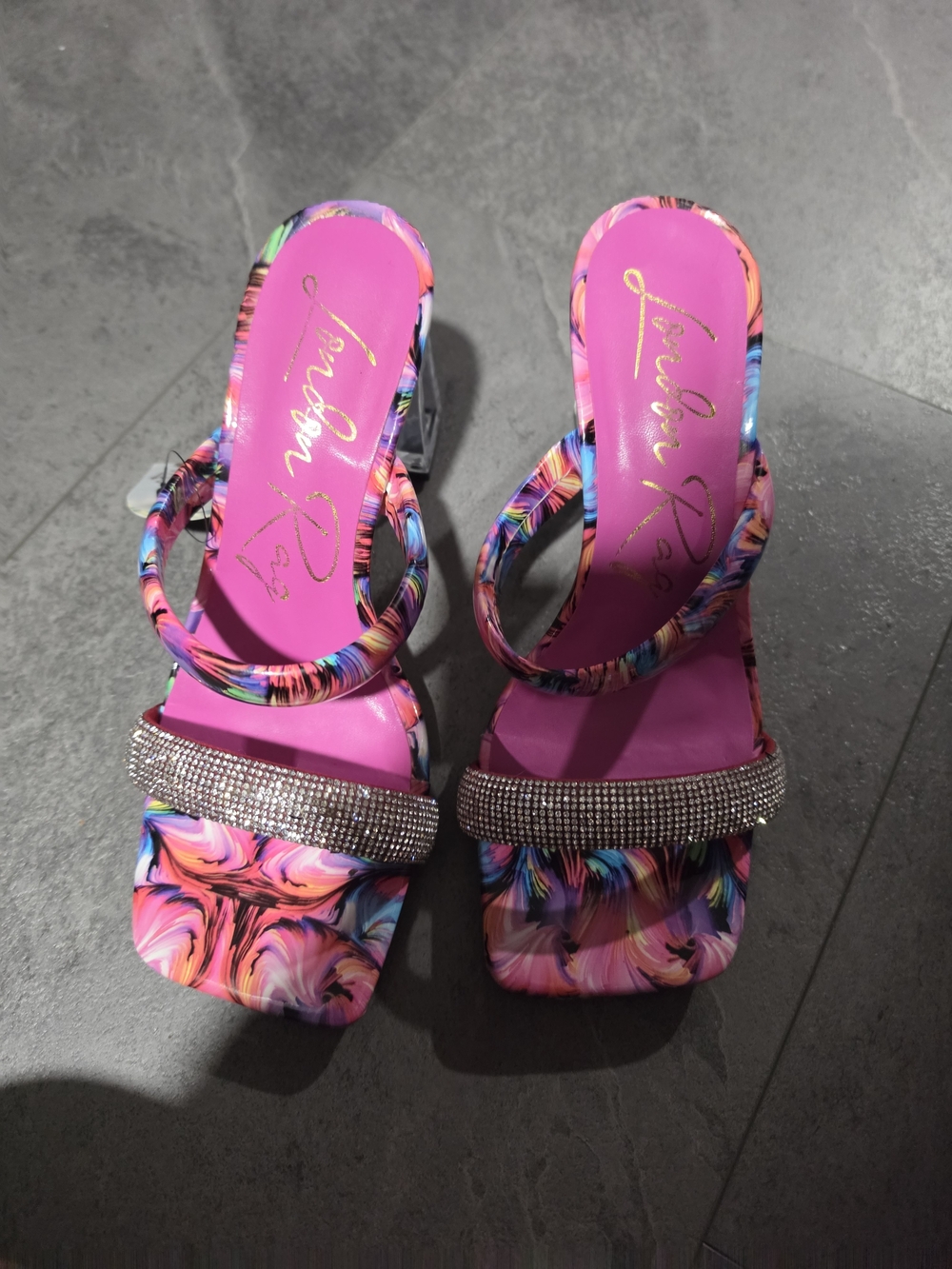 Fuchsia Multicolor Rhinestone Strap Slide Heels
